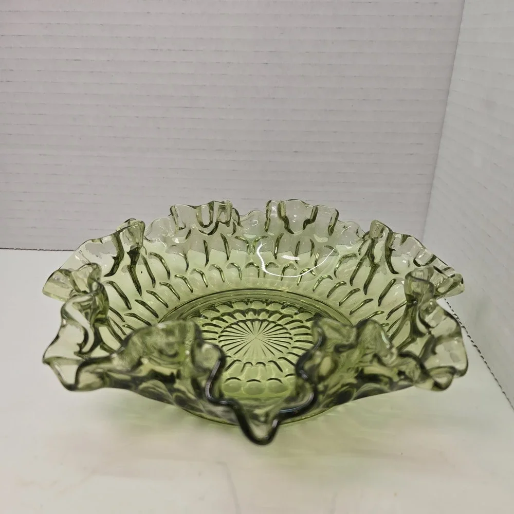 Vintage Fenton Glass Candy Dish Bowl Base Avocado Thumbprint Ruffle Rim 8